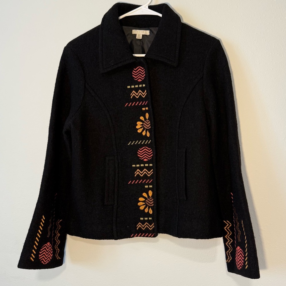 Carson Wool Coat with Embroidery Black Yellow Orange Red Fully Lined - Picture 4 of 8